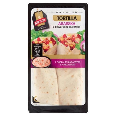 KONSPOL Premium Tortilla arabska z kawałkami kurczaka z sosem tysiąca wysp i warzywami 250 g