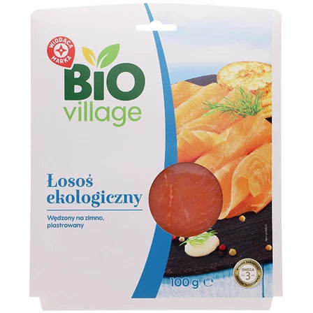 WIODĄCA MARKA Bio village Łosoś ekologiczny wędzony na zimno plastrowany 100 g